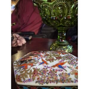 Vintage Asian Painted Porcel A in Lidded Box With Birds Of Paradise Design With